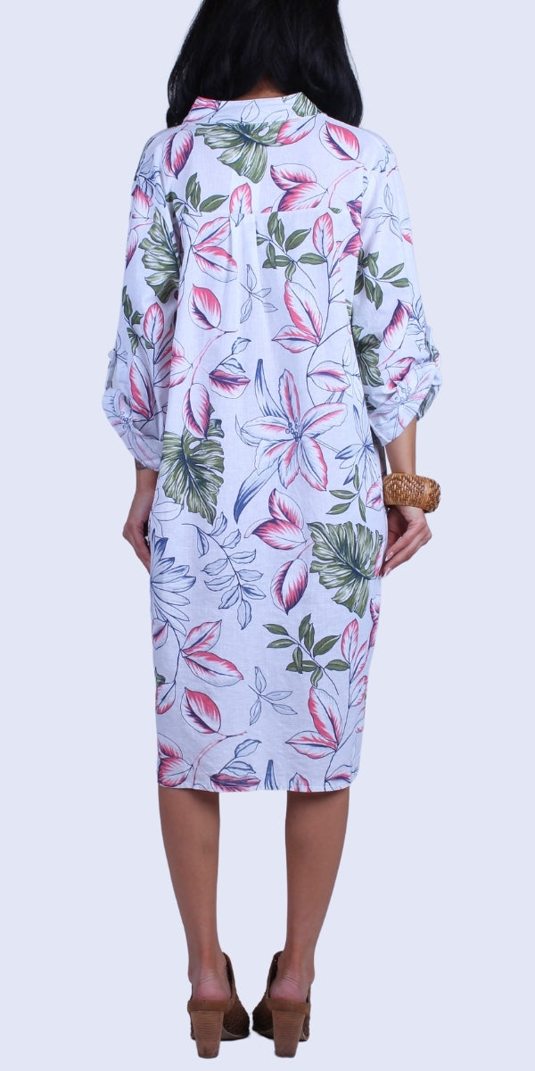 Botanica Linen Dress - Gigi Moda - Made in Italy # Dress, floral, floral design, Floral Print, free shipping, Gigi Moda, henley, Linen, Made in Italy, one size, OS, pockets, resort, resort wear, Rolled Sleeves, Ruffle, ruffles