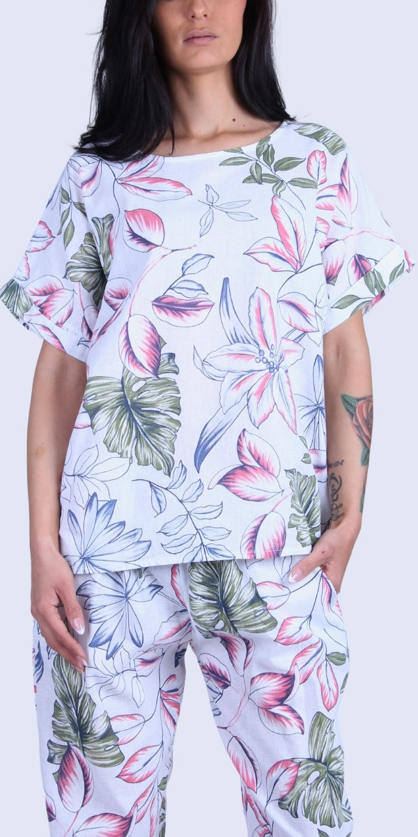Botanica Linen Top - Gigi Moda - Made in Italy # Blouse, floral, floral design, floral pattern, Floral Print, Gigi Moda, Made in Italy, OS, Round Neck, shirt, short sleeve, Top
