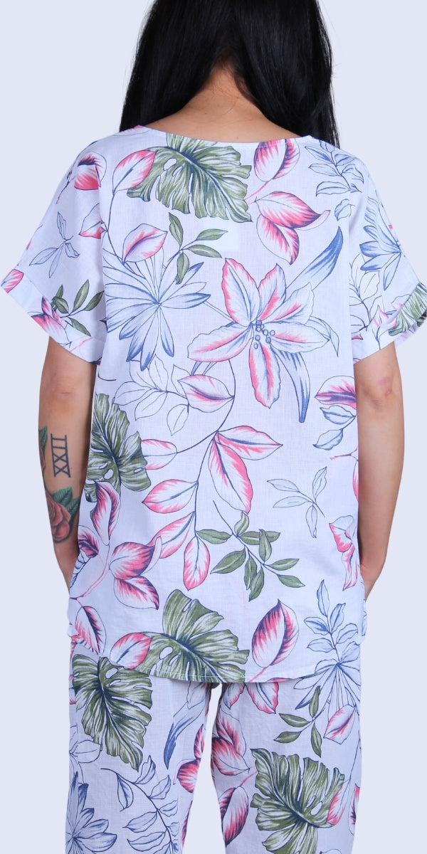 Botanica Linen Top - Gigi Moda - Made in Italy # Blouse, floral, floral design, floral pattern, Floral Print, Gigi Moda, Made in Italy, OS, Round Neck, shirt, short sleeve, Top
