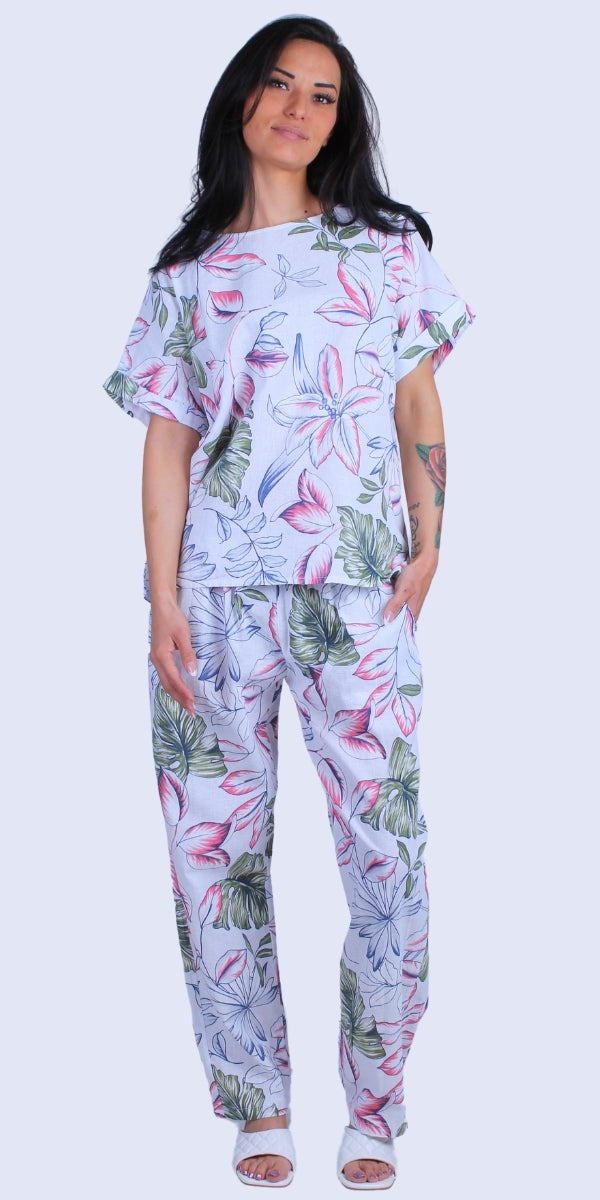 Botanica Linen Pants - Gigi Moda - Made in Italy # elastic waist, elastic waistband, faux pocket, floral, floral design, Floral Print, free shipping, Gigi Moda, linen pants, Made in Italy, matching set, OS, Pants, Pockets, stretchy waistband