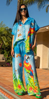 Pappagallo Pant - Gigi Moda - Made in Italy # bottoms, elastic waistband, faux denim, Gigi Moda, Made in Italy, OS, Pants, parrot, Pockets, resort, resort wear, stretch waistband, summer, Tie waist, tropical, tropical print, WIDE LEG
