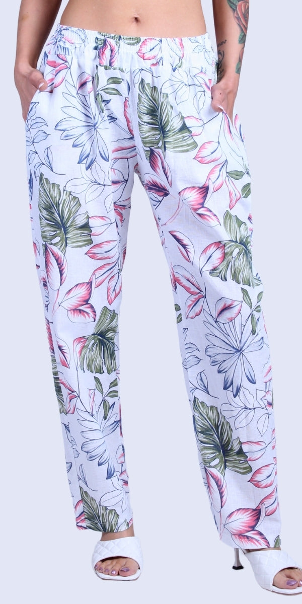 Botanica Linen Pants - Gigi Moda - Made in Italy # elastic waist, elastic waistband, faux pocket, floral, floral design, Floral Print, free shipping, Gigi Moda, linen pants, Made in Italy, matching set, OS, Pants, Pockets, stretchy waistband