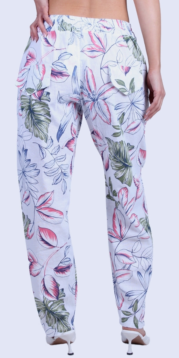 Botanica Linen Pants - Gigi Moda - Made in Italy # elastic waist, elastic waistband, faux pocket, floral, floral design, Floral Print, free shipping, Gigi Moda, linen pants, Made in Italy, matching set, OS, Pants, Pockets, stretchy waistband