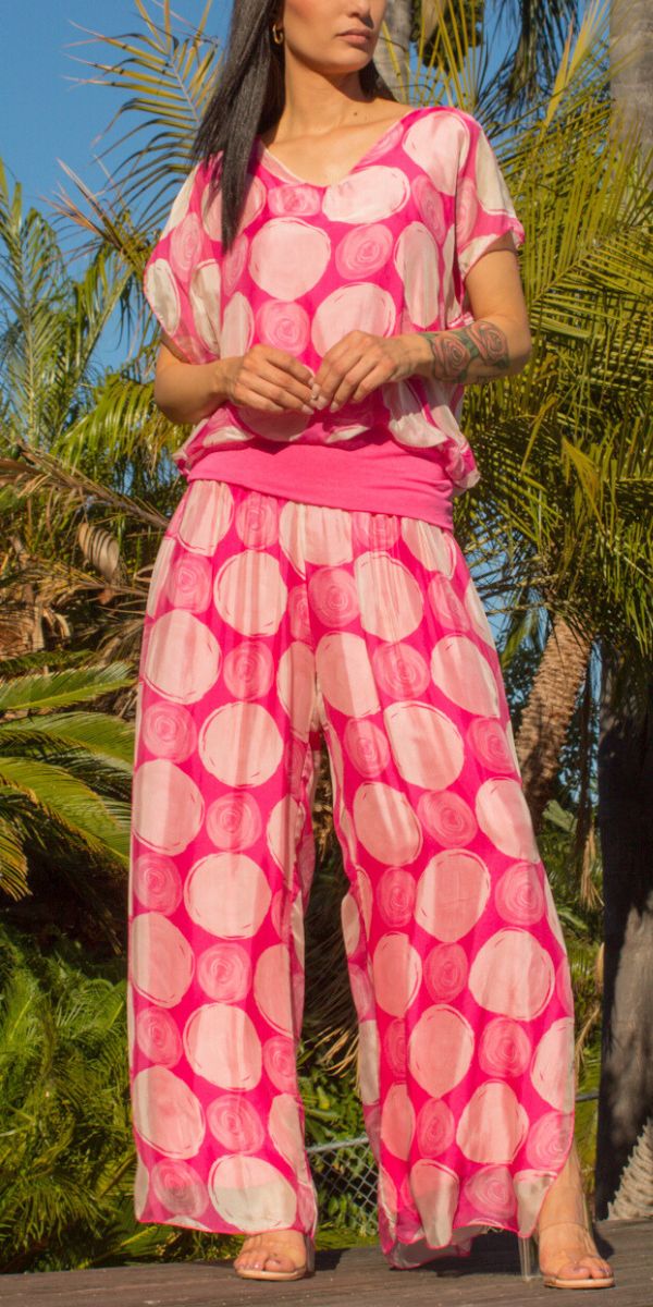 Jasmin Maxipunti Slit Pant - Gigi Moda - Made in Italy # dot print, Gigi Moda, italian apparel, italian clothes, Italian Clothing, italian silk, Made in Italy, matching set, one size, online shopping, Pants, shop gigi moda, Silk, swirl print