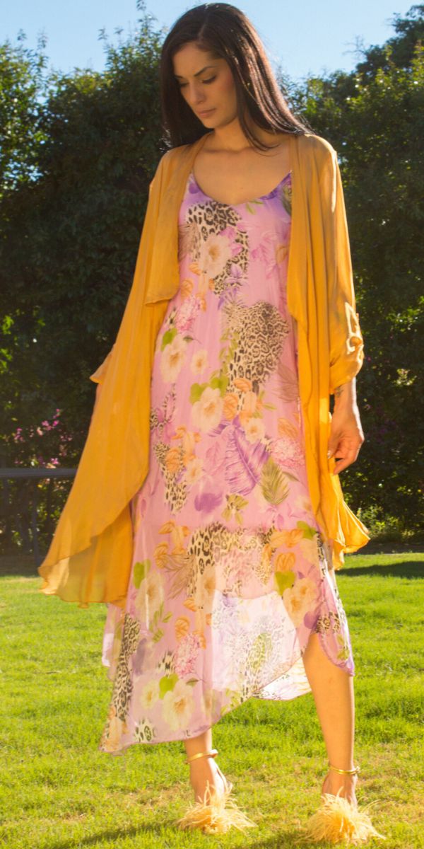 Amazzonica Miele Midi Dress - Gigi Moda - Made in Italy # animal print, Dress, flowy dress, Gigi Moda, Jaguar print, Made in Italy, midi dress, OS, resort, resort dress, resort wear, Silk, Sleeveless, Spaghetti Strap, spaghetti strap dress, Spaghetti Straps, tropical, tropical print