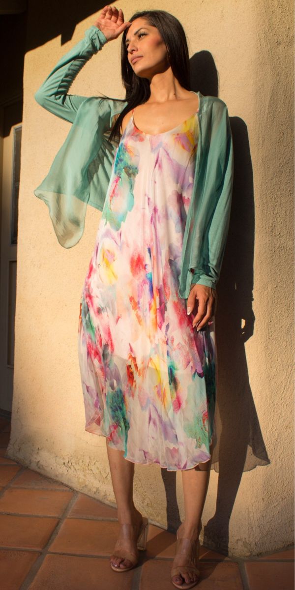 Eterea Miele Midi Dress - Gigi Moda - Made in Italy # abstract print, Dress, floral, flowy dress, Gigi Moda, Made in Italy, midi dress, OS, resort, resort dress, resort wear, Silk, Sleeveless, Spaghetti Strap, spaghetti strap dress, Spaghetti Straps