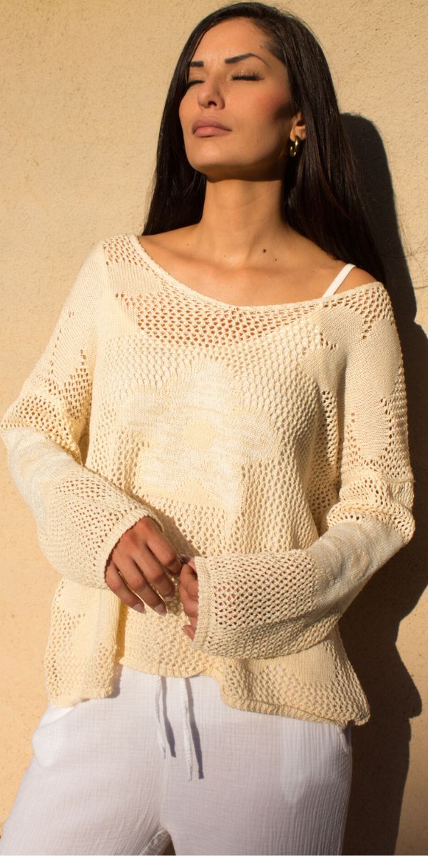 Jesolo Crochet Sweater - Gigi Moda - Made in Italy # Cover Up, Crochet, crochet top, floral, floral design, Floral Print, Gigi Moda, knit sweater, Long Sleeve, Made in Italy, one size, Top