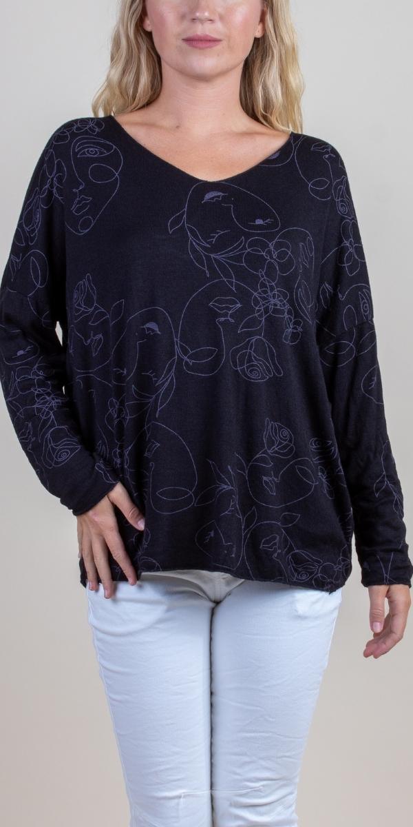 La Faccia Top - Gigi Moda - Made in Italy # Blouses, Comforatable fit, Gigi Moda, Long Sleeve, Made in Italy, shirt, Tops, V-Neck, Womans clothing