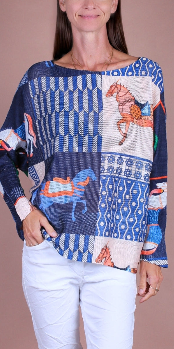 Daria Batwing Sweater with Carousel Horse Print