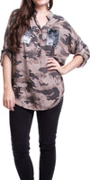 Leona Button Top - Gigi Moda - Made in Italy # Buttons, Camo, cuffed-sleeves, made in italy, placket, Print, sequins, Top