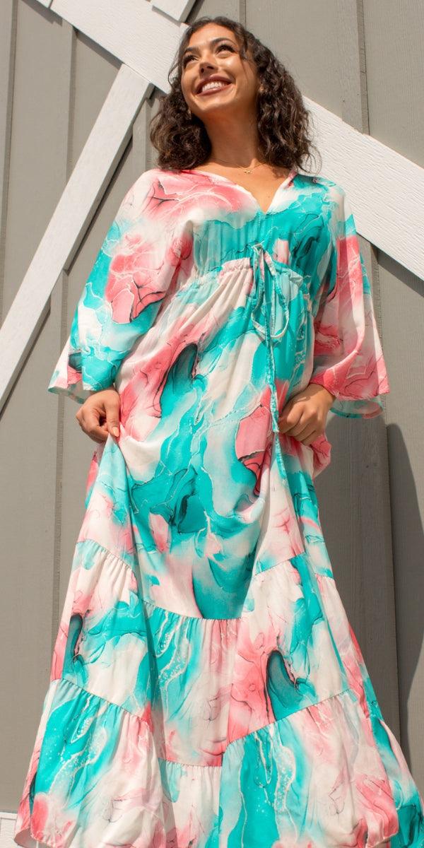 Primavera Maxi Dress - Gigi Moda - Made in Italy # Dress, gigi moda, long dress, Made in Italy, Maxi, resort wear, ruffled hem, ties in back, v neck, watercolor, Watercolor Print