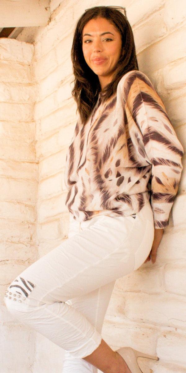 Daria Batwing Sweater with Arctic Tiger Print - Gigi Moda - Made in Italy # animal print, batwing, comfortable, comfortable fit, Cozy, Gigi Moda, Italian Clothing, italian top, Long Sleeve, Made in Italy, one size, Sleeves, Sweater, Top, washable, womens clothing