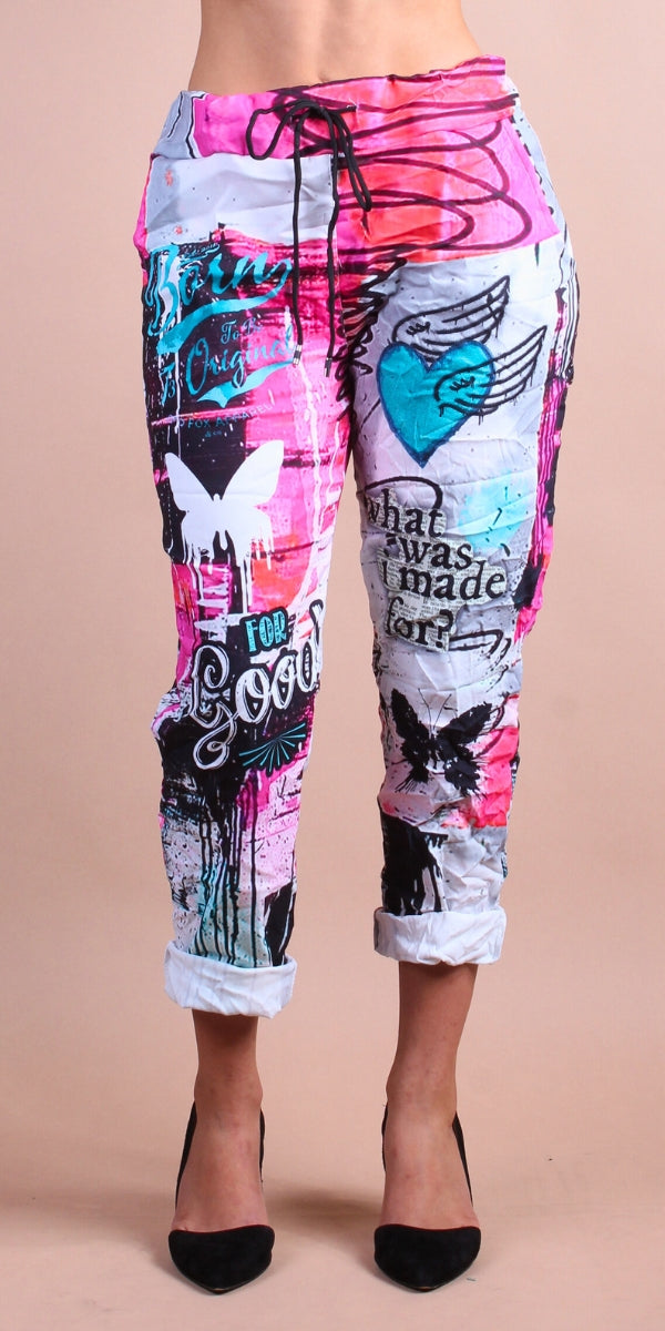 Geniviv Butterfly Graffiti Pant - Gigi Moda - Made in Italy # Butterfly, butterfly print, cuffed pant, drawstring, drawstring pant, drawstring pants, Gigi Moda, graffiti, Graphic Print, heart, Made in Italy, one size, OS, Pants