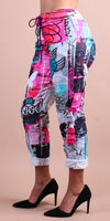 Geniviv Butterfly Graffiti Pant - Gigi Moda - Made in Italy # Butterfly, butterfly print, cuffed pant, drawstring, drawstring pant, drawstring pants, Gigi Moda, graffiti, Graphic Print, heart, Made in Italy, one size, OS, Pants