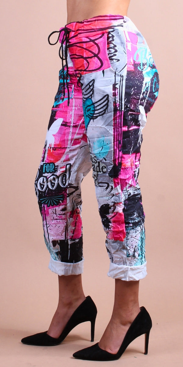 Geniviv Butterfly Graffiti Pant - Gigi Moda - Made in Italy # Butterfly, butterfly print, cuffed pant, drawstring, drawstring pant, drawstring pants, Gigi Moda, graffiti, Graphic Print, heart, Made in Italy, one size, OS, Pants