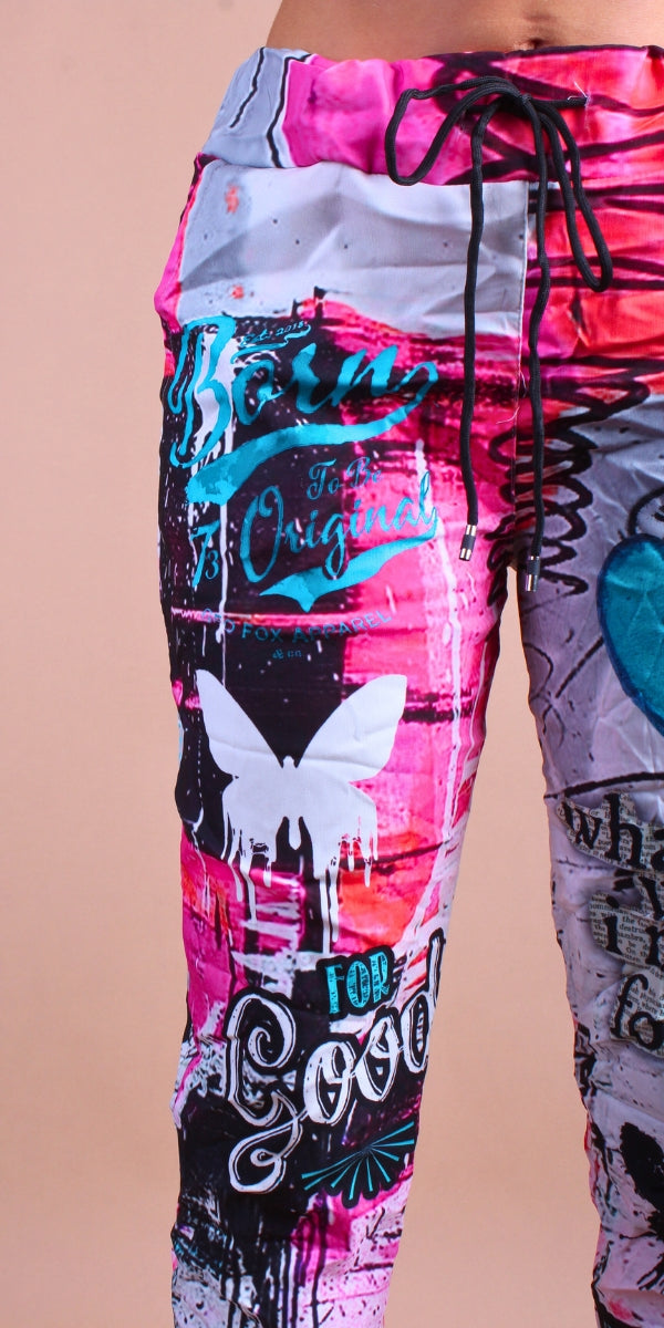Geniviv Butterfly Graffiti Pant - Gigi Moda - Made in Italy # Butterfly, butterfly print, cuffed pant, drawstring, drawstring pant, drawstring pants, Gigi Moda, graffiti, Graphic Print, heart, Made in Italy, one size, OS, Pants
