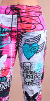 Geniviv Butterfly Graffiti Pant - Gigi Moda - Made in Italy # Butterfly, butterfly print, cuffed pant, drawstring, drawstring pant, drawstring pants, Gigi Moda, graffiti, Graphic Print, heart, Made in Italy, one size, OS, Pants