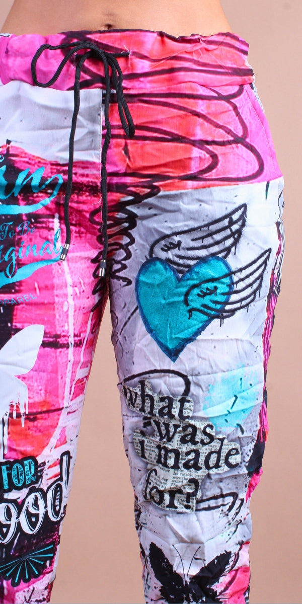 Geniviv Butterfly Graffiti Pant - Gigi Moda - Made in Italy # Butterfly, butterfly print, cuffed pant, drawstring, drawstring pant, drawstring pants, Gigi Moda, graffiti, Graphic Print, heart, Made in Italy, one size, OS, Pants