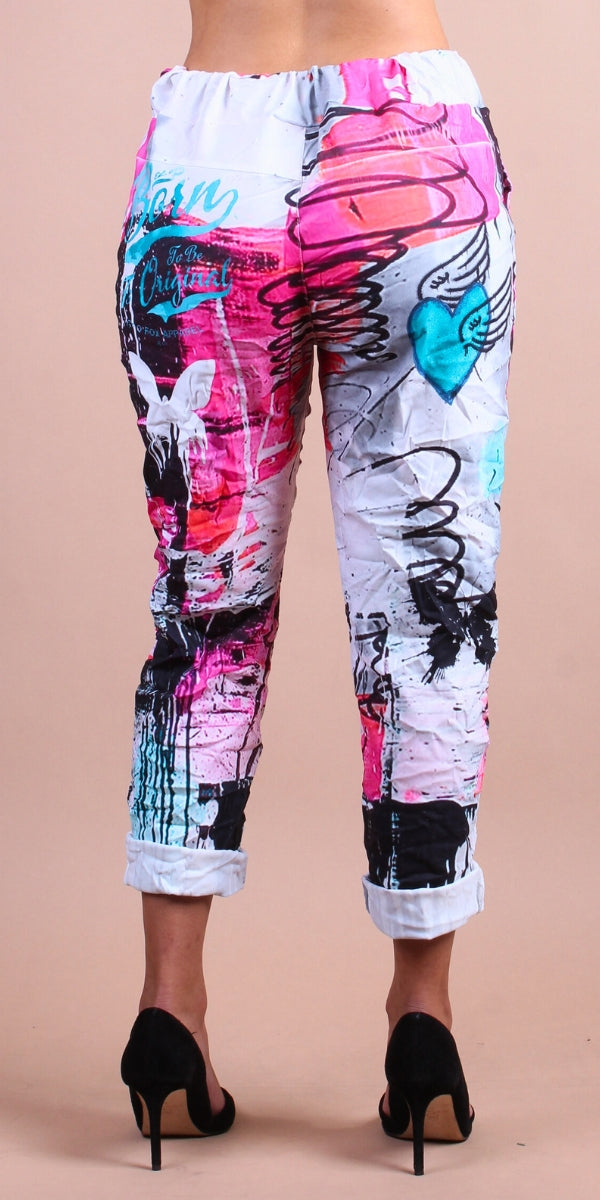 Geniviv Butterfly Graffiti Pant - Gigi Moda - Made in Italy # Butterfly, butterfly print, cuffed pant, drawstring, drawstring pant, drawstring pants, Gigi Moda, graffiti, Graphic Print, heart, Made in Italy, one size, OS, Pants