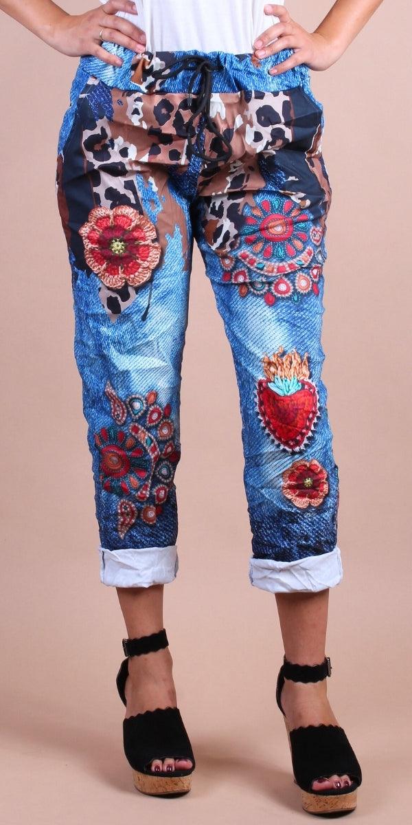 Geniviv Cheetah Folk Print Pant - Gigi Moda - Made in Italy # animal print, cheetah, cheetah print, comfortable pants, cuffed pant, drawstring, drawstring pant, drawstring pants, flower print, Gigi Moda, Graphic Print, Made in Italy, one size, OS, Pants