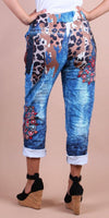 Geniviv Cheetah Folk Print Pant - Gigi Moda - Made in Italy # animal print, cheetah, cheetah print, comfortable pants, cuffed pant, drawstring, drawstring pant, drawstring pants, flower print, Gigi Moda, Graphic Print, Made in Italy, one size, OS, Pants