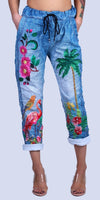 Geniviv Flamingo Pant - Gigi Moda - Made in Italy # comfortable pants, cuffed pant, drawstring, drawstring pant, drawstring pants, Flamingo, flower print, Gigi Moda, Made in Italy, one size, OS, Pants, tropical, tropical print