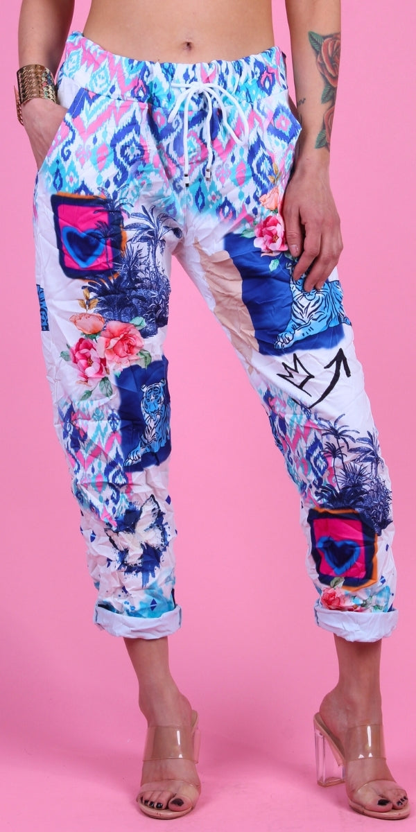 Geniviv Jungle Print Pant - Gigi Moda - Made in Italy # animal print, comfortable pants, cuffed pant, drawstring, drawstring pant, drawstring pants, Gigi Moda, jungle, Made in Italy, one size, OS, Pants