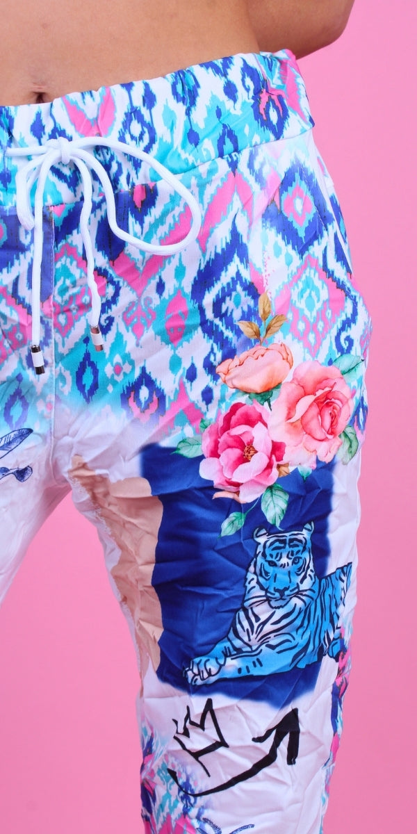 Geniviv Jungle Print Pant - Gigi Moda - Made in Italy # animal print, comfortable pants, cuffed pant, drawstring, drawstring pant, drawstring pants, Gigi Moda, jungle, Made in Italy, one size, OS, Pants