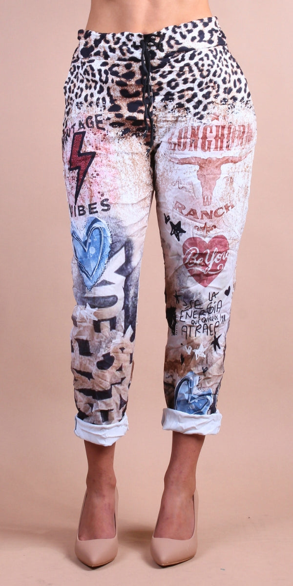 Geniviv Texas Longhorn Print Pant - Gigi Moda - Made in Italy # animal print, cheetah, cheetah print, comfortable pants, cuffed pant, drawstring, drawstring pant, drawstring pants, Gigi Moda, Graphic Print, Made in Italy, one size, OS, Pants, texas