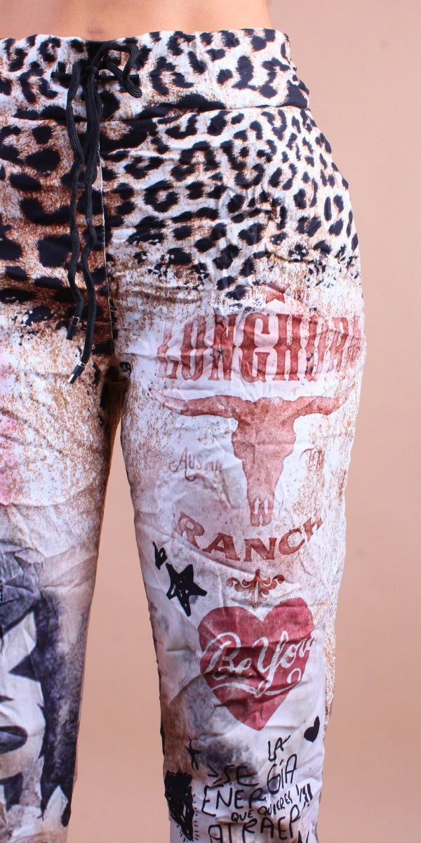 Geniviv Texas Longhorn Print Pant - Gigi Moda - Made in Italy # animal print, cheetah, cheetah print, comfortable pants, cuffed pant, drawstring, drawstring pant, drawstring pants, Gigi Moda, Graphic Print, Made in Italy, one size, OS, Pants, texas