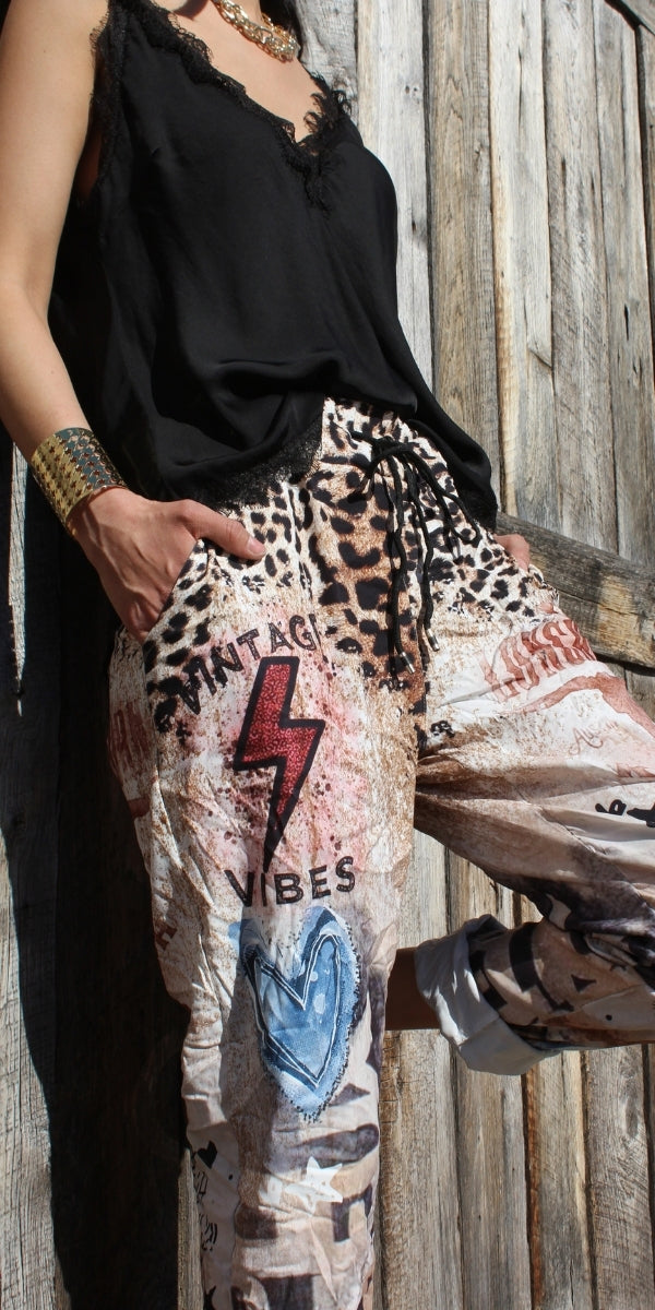 Geniviv Texas Longhorn Print Pant - Gigi Moda - Made in Italy # animal print, cheetah, cheetah print, comfortable pants, cuffed pant, drawstring, drawstring pant, drawstring pants, Gigi Moda, Graphic Print, Made in Italy, one size, OS, Pants, texas