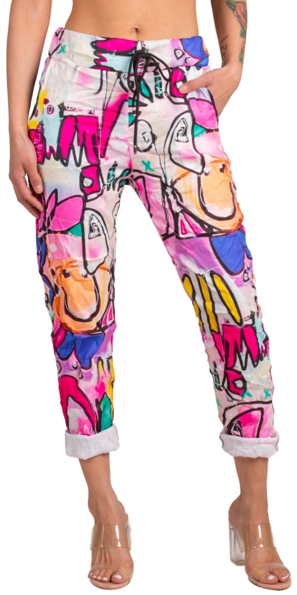 Geniviv Urban Graffiti Pant - Gigi Moda - Made in Italy # cuffed pant, drawstring, drawstring pant, drawstring pants, Gigi Moda, graffiti, Graphic Print, heart, Made in Italy, one size, OS, Pants