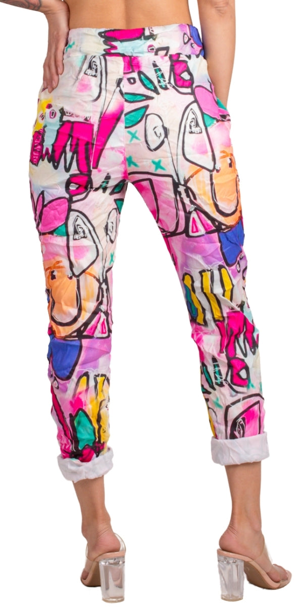 Geniviv Urban Graffiti Pant - Gigi Moda - Made in Italy # cuffed pant, drawstring, drawstring pant, drawstring pants, Gigi Moda, graffiti, Graphic Print, heart, Made in Italy, one size, OS, Pants