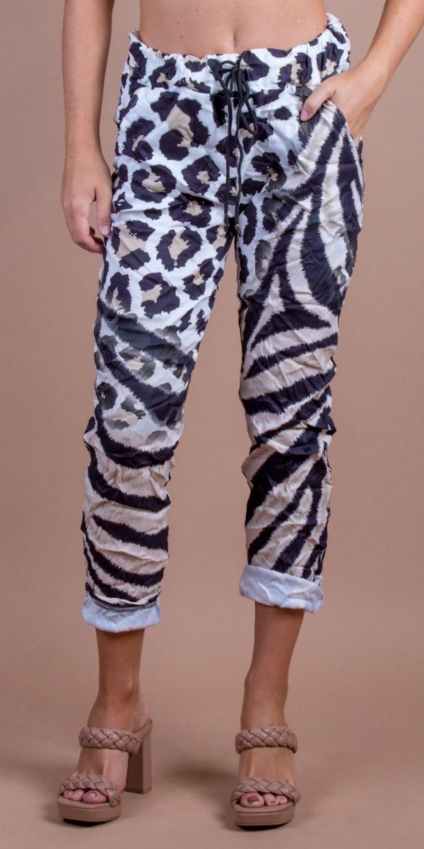 Geniviv Zebra Cheetah Print Pant - Shop Gigi Moda - Made in Italy # animal print, cheetah print, cuffed pant, drawstring, drawstring pant, drawstring pants, Gigi Moda, Made in Italy, one size, OS, Pants, zebra print