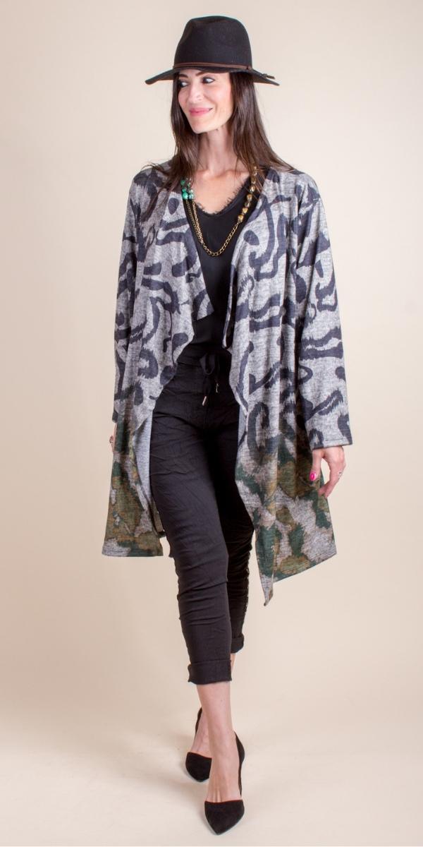 Occhio Knit Cardigan - Gigi Moda - Made in Italy # Cardigan, Drape, drape front, evil eye, gigi moda, ikat, ikat print, italian, Jacket, Knit Cardigan, Made in Italy, open, OS, Pockets, womens fashion