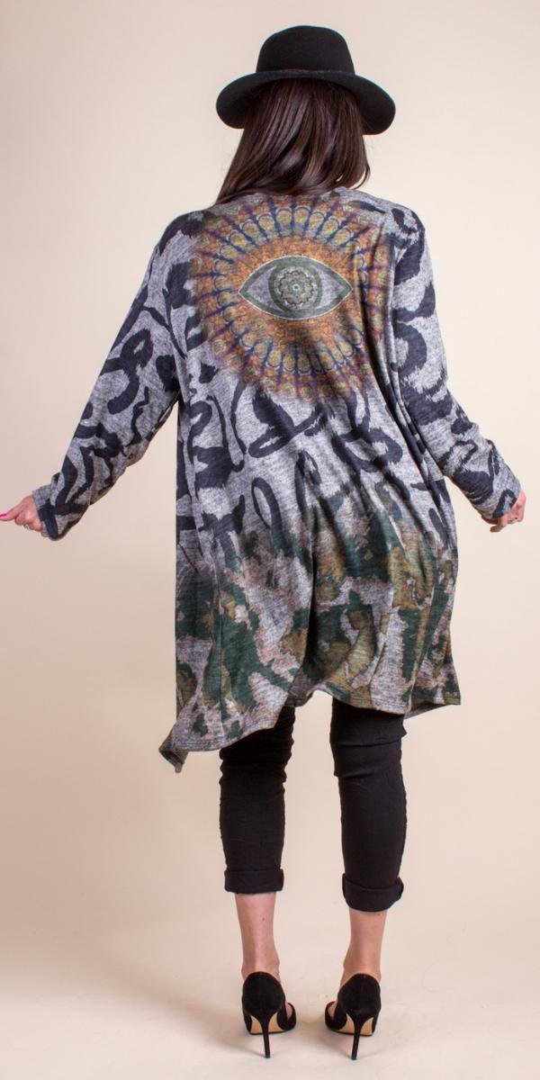 Occhio Knit Cardigan - Gigi Moda - Made in Italy # Cardigan, Drape, drape front, evil eye, gigi moda, ikat, ikat print, italian, Jacket, Knit Cardigan, Made in Italy, open, OS, Pockets, womens fashion