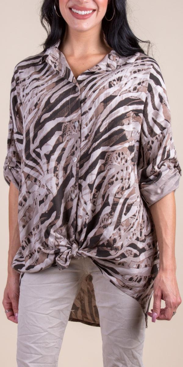 Caserta Shirt - Gigi Moda - Made in Italy # button down, collared, front tie, Gigi Moda, italian apparel, italian brand, Italian Clothing, italian shirt, Made in Italy, online shopping, OS, Rolled Sleeves, shirt, shop gigi moda, Top, zebra print