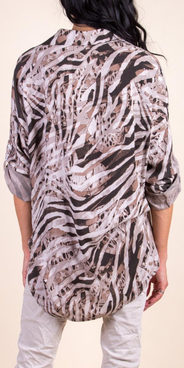 Caserta Shirt - Gigi Moda - Made in Italy # button down, collared, front tie, Gigi Moda, italian apparel, italian brand, Italian Clothing, italian shirt, Made in Italy, online shopping, OS, Rolled Sleeves, shirt, shop gigi moda, Top, zebra print