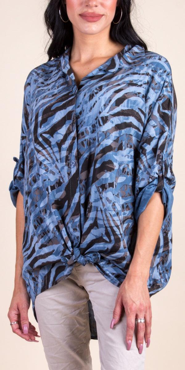Caserta Shirt - Gigi Moda - Made in Italy # button down, collared, front tie, Gigi Moda, italian apparel, italian brand, Italian Clothing, italian shirt, Made in Italy, online shopping, OS, Rolled Sleeves, shirt, shop gigi moda, Top, zebra print