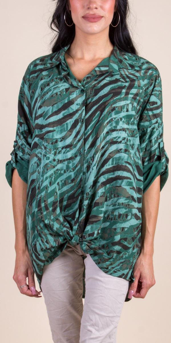 Caserta Shirt - Gigi Moda - Made in Italy # button down, collared, front tie, Gigi Moda, italian apparel, italian brand, Italian Clothing, italian shirt, Made in Italy, online shopping, OS, Rolled Sleeves, shirt, shop gigi moda, Top, zebra print