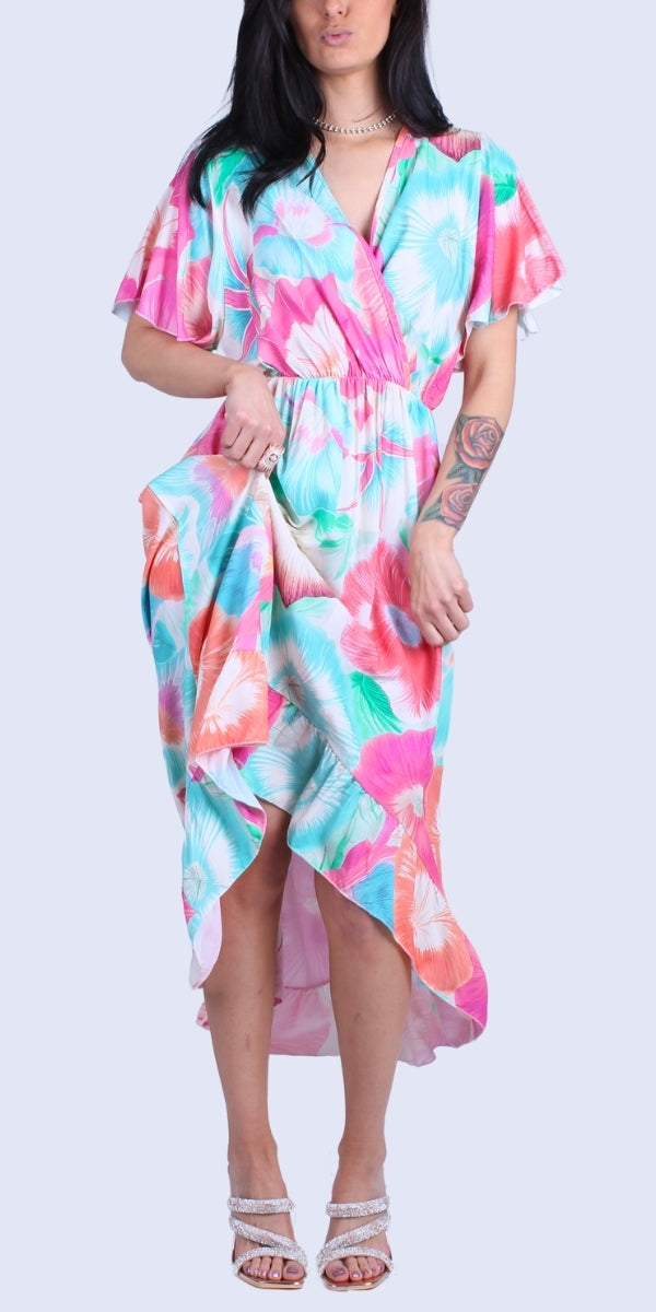 Verona Floral Dress - Gigi Moda - Made in Italy # crossover, Dress, floral, floral design, Floral Print, gigi moda, high low, high low dress, Made in Italy, Maxi, resort wear, ruffled hem, v neck