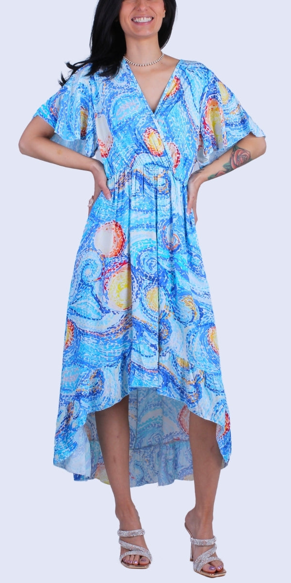 Verona Arte Dress - Gigi Moda - Made in Italy # art, crossover, Dress, gigi moda, high low, high low dress, Made in Italy, Maxi, maxretail, painting, resort wear, ruffled hem, starry night, v neck, van gogh