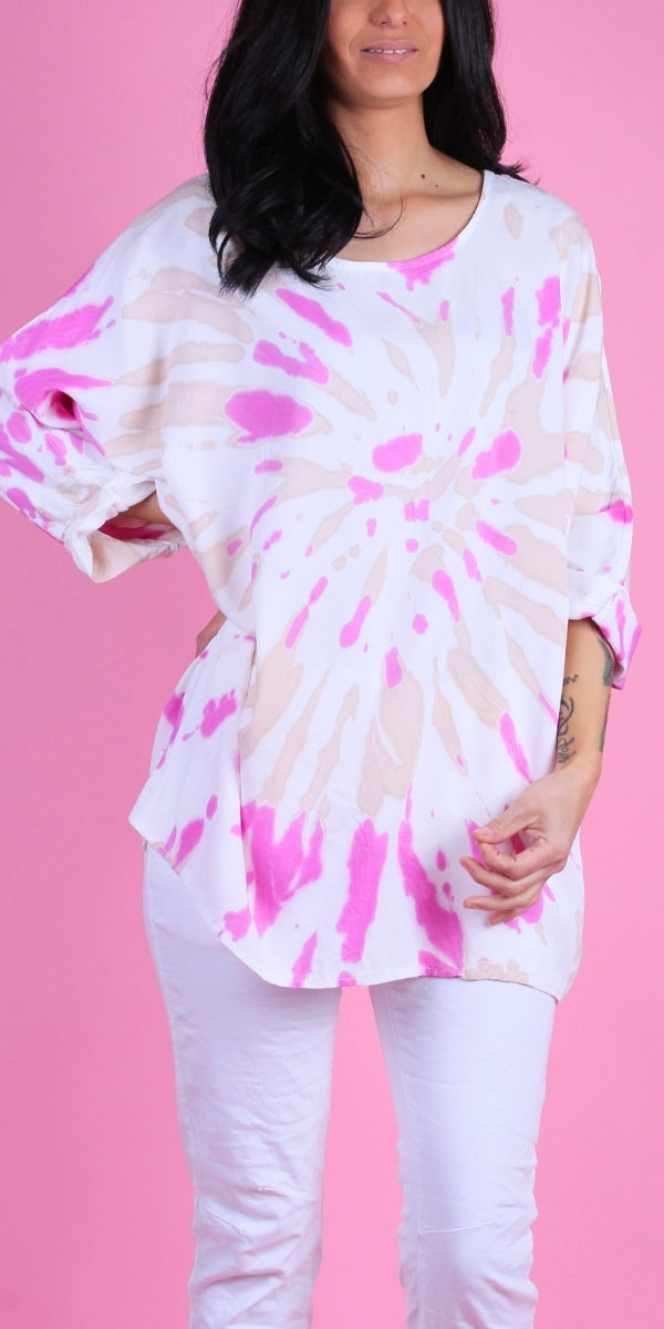 Andria Top - Gigi Moda - Made in Italy # Gigi Moda, italian top, Made in Italy, oversize, resort wear, Rolled Sleeves, Round Neck, shirt, spring, SPRING TOP, summer, Tie Dye, Top