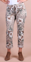 Petalo Cheetah Print Pants - Gigi Moda - Made in Italy # animal print, cheetah print, Cropped pants, drawstring, flower print, Gigi Moda, leaf print, lightweight, made in italy, pockets, rose print, stretch, Tie waist