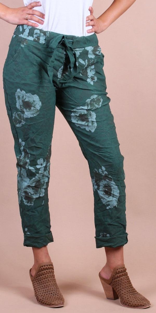 Petalo Cheetah Print Pants - Gigi Moda - Made in Italy # animal print, cheetah print, Cropped pants, drawstring, flower print, Gigi Moda, leaf print, lightweight, made in italy, pockets, rose print, stretch, Tie waist