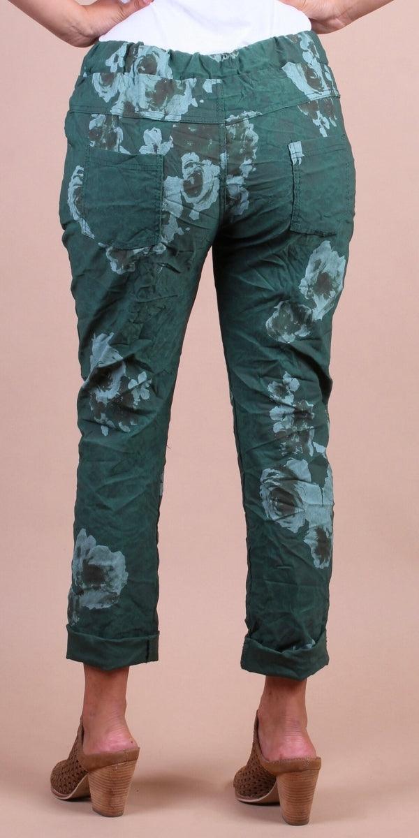 Petalo Cheetah Print Pants - Gigi Moda - Made in Italy # animal print, cheetah print, Cropped pants, drawstring, flower print, Gigi Moda, leaf print, lightweight, made in italy, pockets, rose print, stretch, Tie waist