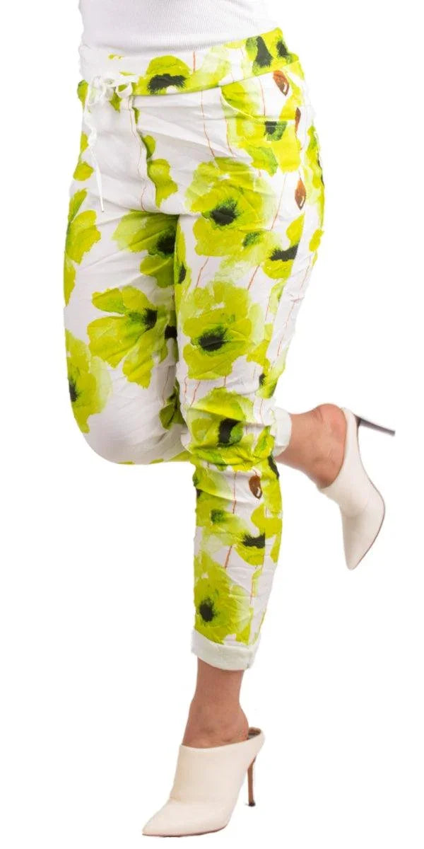 Liana Floral Pant - Gigi Moda - Made in Italy # cropped, cropped pant, Cropped pants, drawstring, drawstring pant, drawstring pants, floral, floral design, floral pattern, Floral Print, Gigi Moda, ikat print, Italian Clothing, linen, Made in Italy, Multi Floral Print, Pants, stretchy, summer, Tie waist, washable