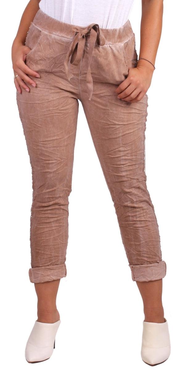 Zola Stud Pants - Gigi Moda - Made in Italy # comfortable, comfy, cropped, gigi moda, made in italy, maxretail, pant, pants, Pockets, silver stud, solid color, stretchy, stripes, tie at waist