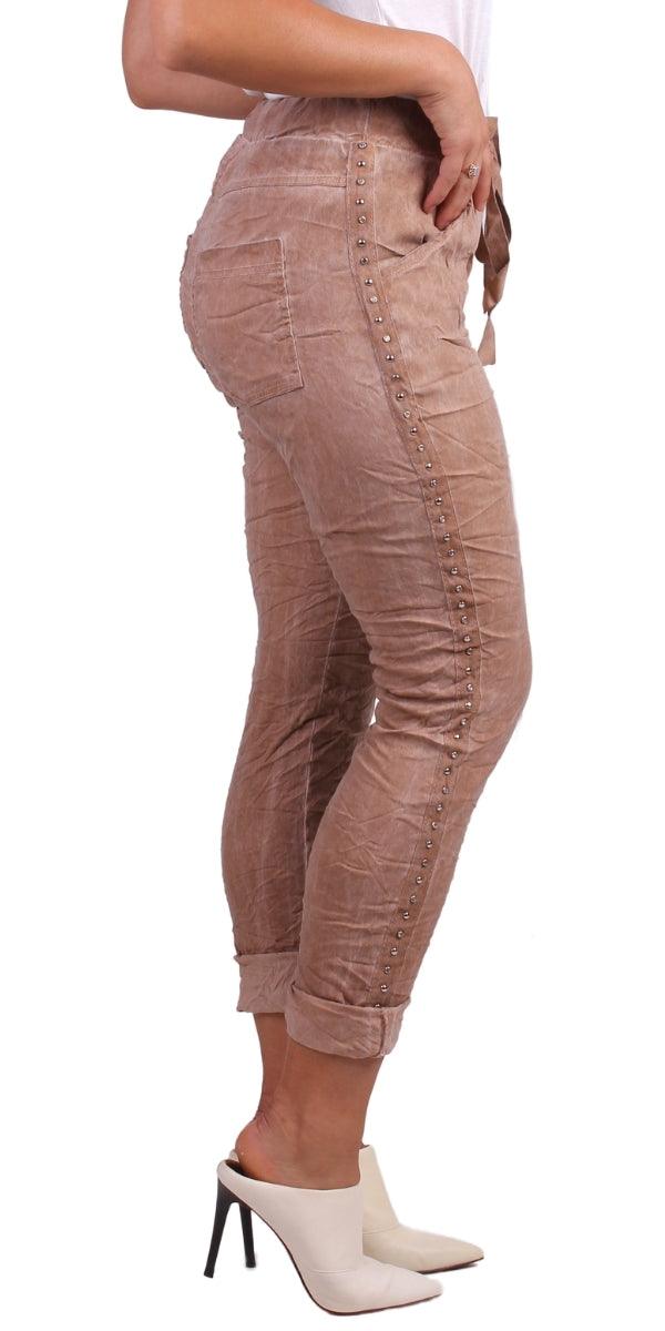 Zola Stud Pants - Gigi Moda - Made in Italy # comfortable, comfy, cropped, gigi moda, made in italy, maxretail, pant, pants, Pockets, silver stud, solid color, stretchy, stripes, tie at waist