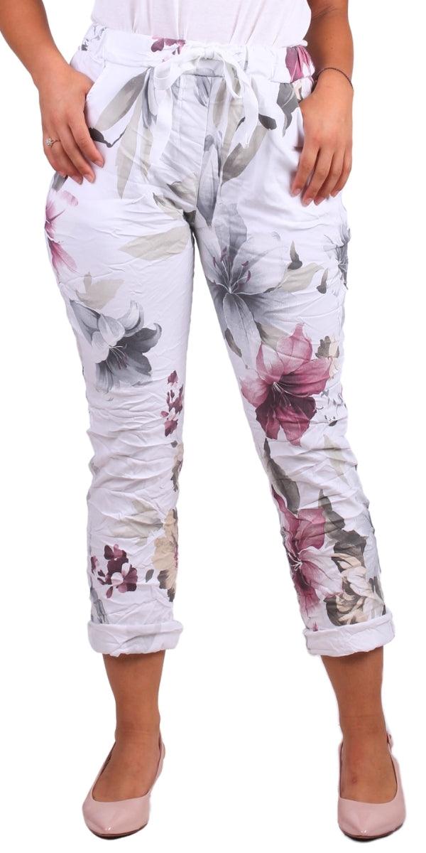 Orchidea Tie-Waist Pants - Gigi Moda - Made in Italy # COMFY PANTS, Cropped pants, floral, floral design, floral pattern, Floral Print, gigi moda, Italian pant, Made in Italy, Multi Floral Print, Pants, Pockets, Tie waist